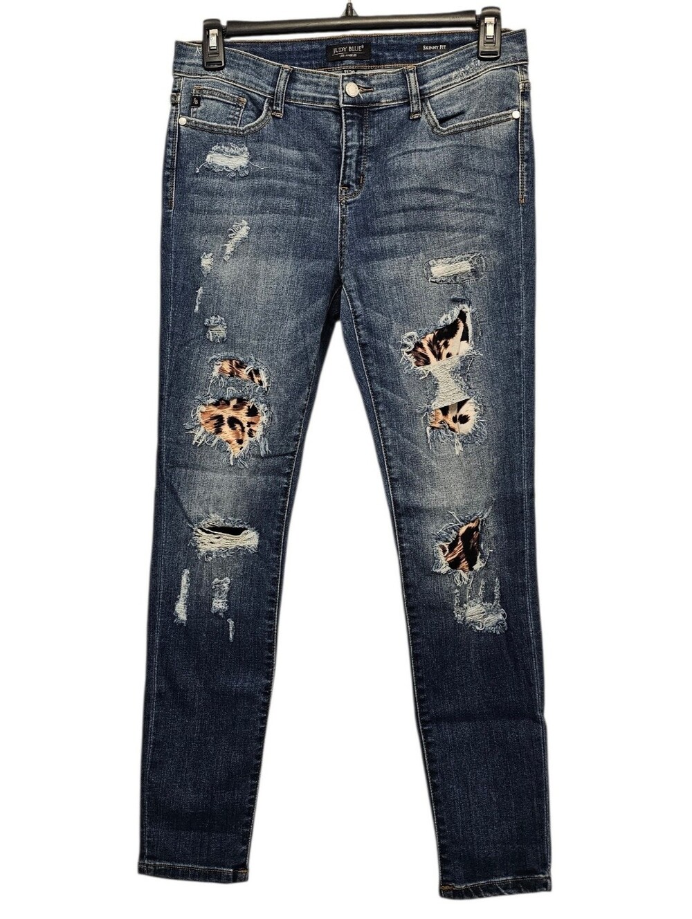 Judy Blue Dark Blue Distressed Skinny Jeans with Leopard Patches